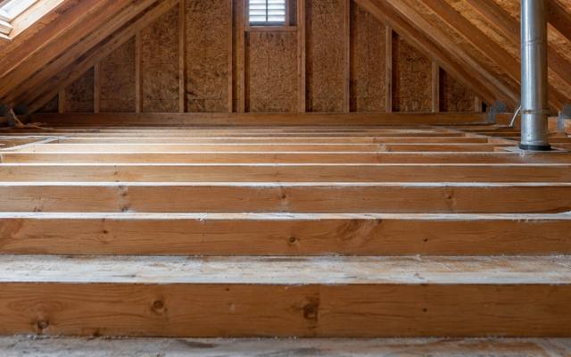 Empty attic with bare joists and clean drywall after insulation removal and cleaning