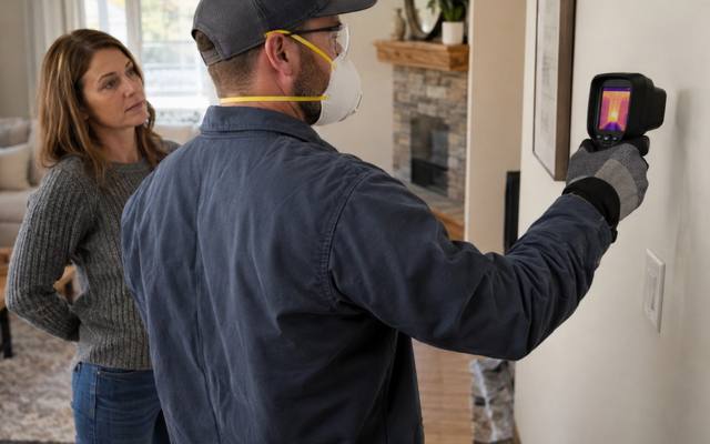 Worker checking a wall with a thermal camera while a London homeowner watches