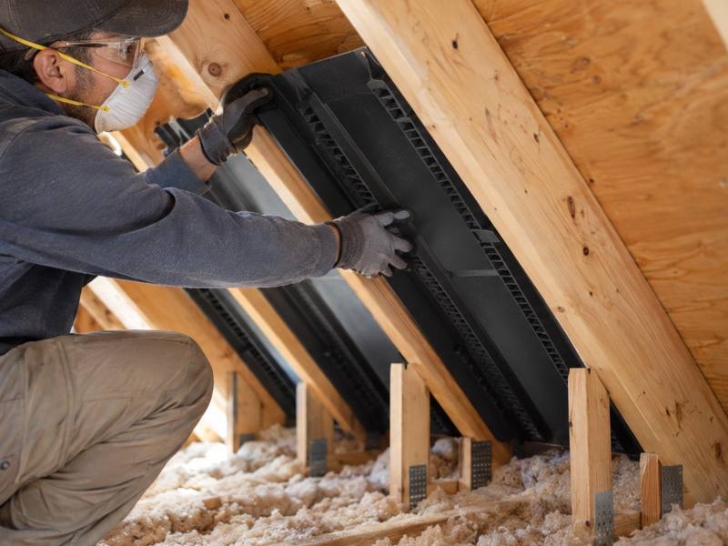 Worker fitting black ventilation baffles at the eaves of a London attic after insulation removal